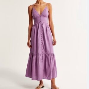 Abercrombie & Fitch Linen-Blend Button-Through Maxi Dress Purple